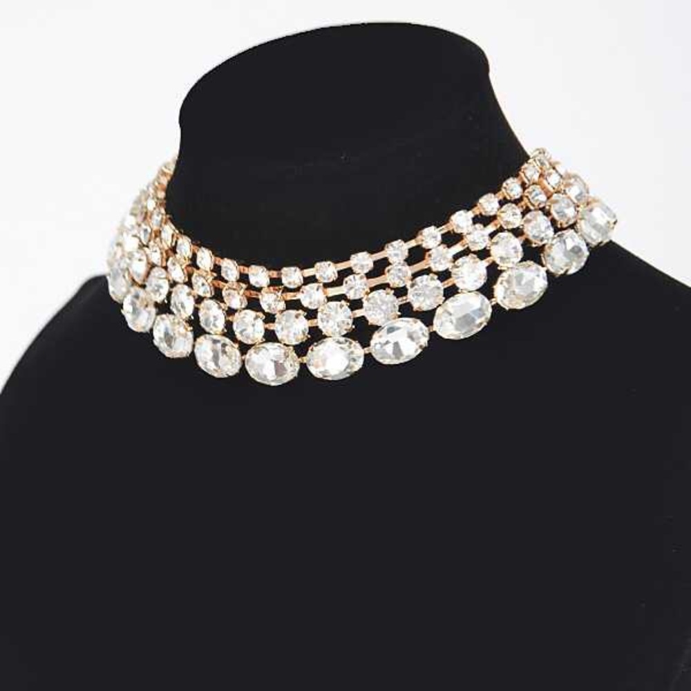 Diamond Bib Choker Necklace - Gold or Silver Tone